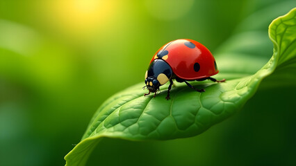 Fototapeta premium A ladybug on a green leaf.