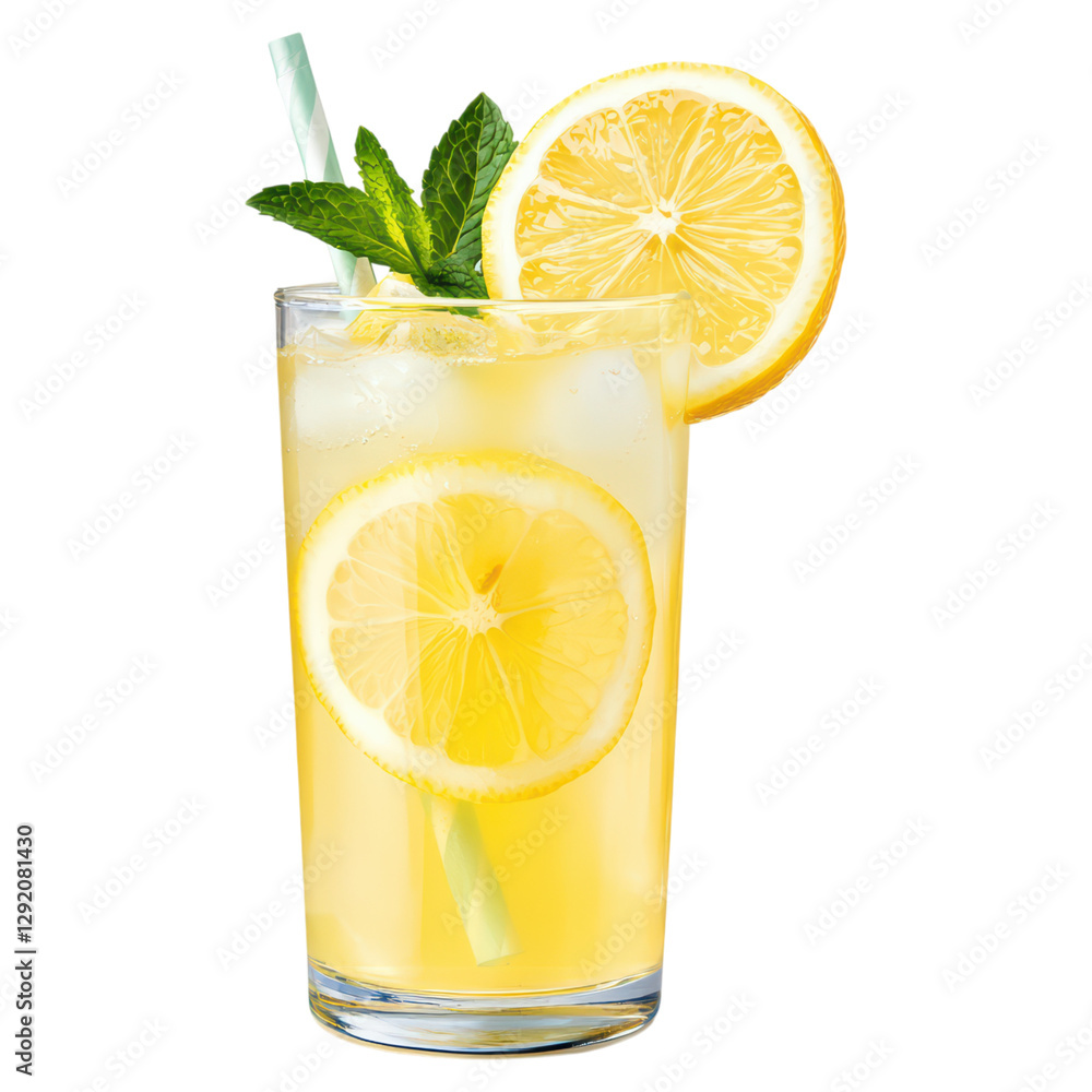 Poster refreshing lemonade with mint leaves and lemon slices , isolated on a transparency background
