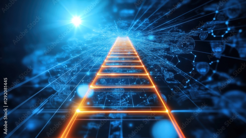 Poster exploring the digital pathway a journey through futuristic technology virtual space digital art abst