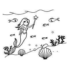 Mermaid with fish coloring page 