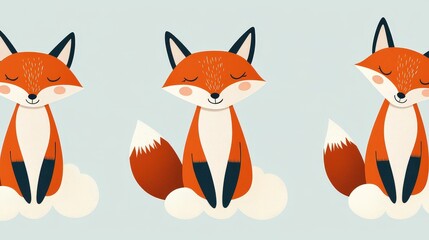 Adorable Cartoon Foxes Sitting on Clouds in a Soft Pastel Background