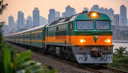 Fototapeta premium Green and orange passenger train speeds through a city. Ideal for travel, transportation, and urban themes.