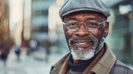Obraz premium Man wearing glasses and beard in a city setting.