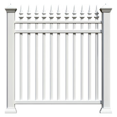 Stylish white garden fence with pointed tops and vertical bars , isolated on a transparency background