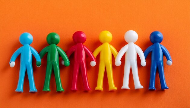 colorful plastic figurines holding hands in vibrant background