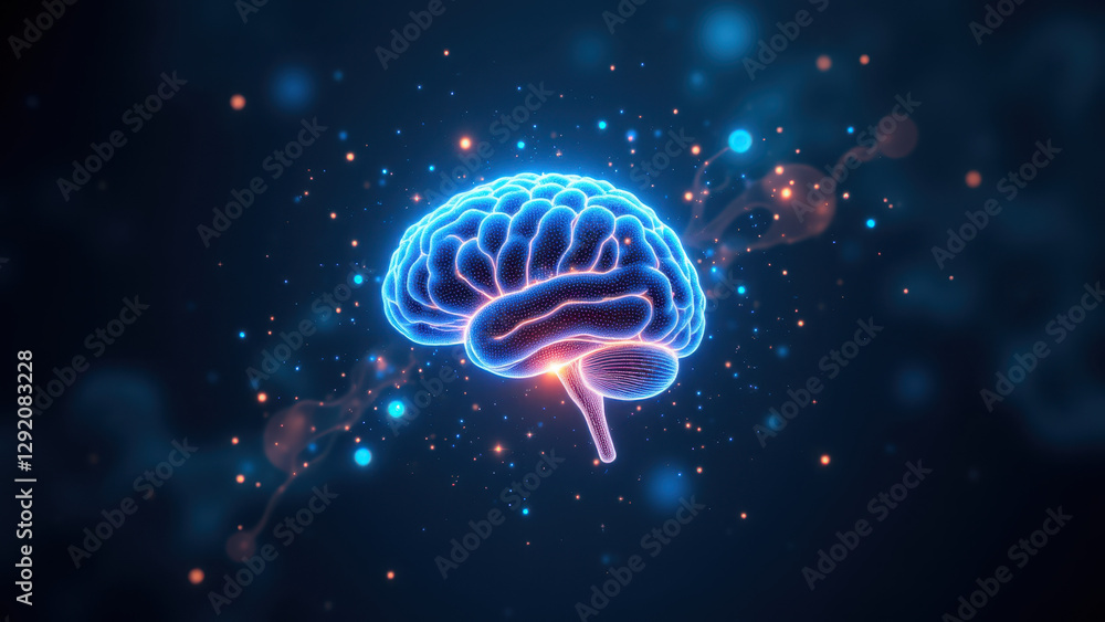 Poster computer-generated image of a human brain with glowing blue waves representing artificial general in