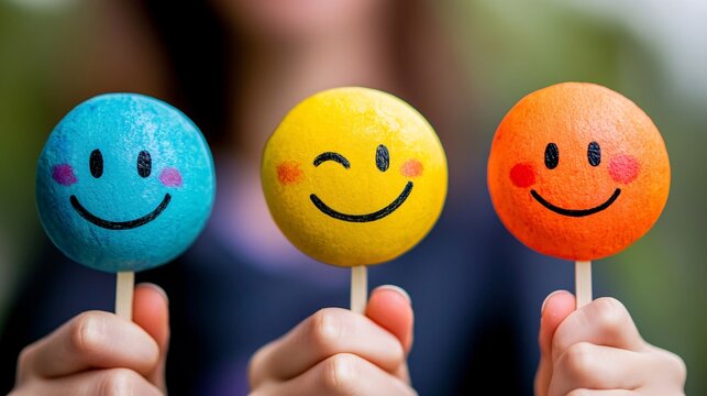 Woman holding colorful smiley face balls on sticks