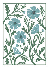 Botanical vintage poster. Floristic vector illustration. Blue flower composition