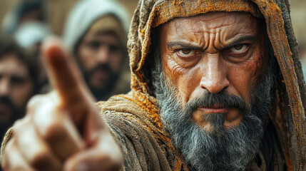 A Pharisee who angrily points his finger at Jesus to condemn him, he is wearing traditional Pharisee clothing, biblical times, cinematic lighting, high quality.