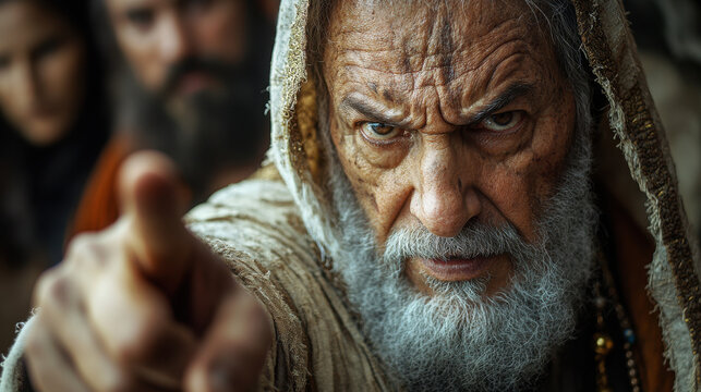 A Pharisee who angrily points his finger at Jesus to condemn him, he is wearing traditional Pharisee clothing, biblical times, cinematic lighting, high quality.