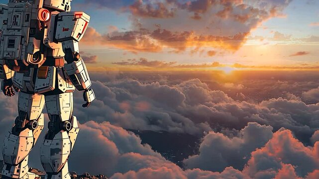 Mech overlooking clouds at sunset