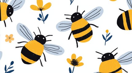 Colorful Bee Pattern with Flowers on a Light Background