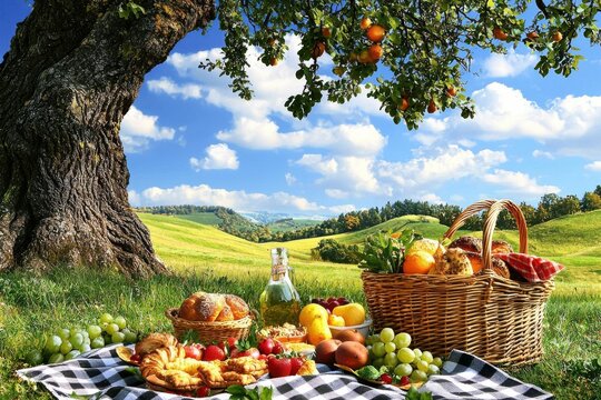 Peaceful countryside picnic under a giant oak tree on a sunny day