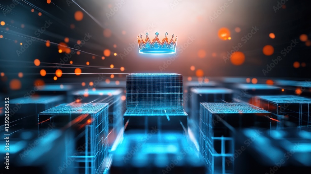 Poster dynamic digital crown emerges above futuristic grid virtual reality experience tech abstract high an