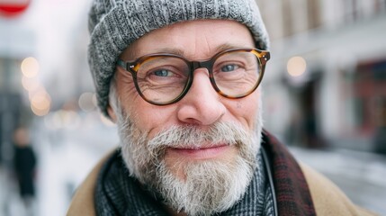 The image shows a man with facial hair, glasses, and a beard smiling at the camera while standing outdoors in a city environment.