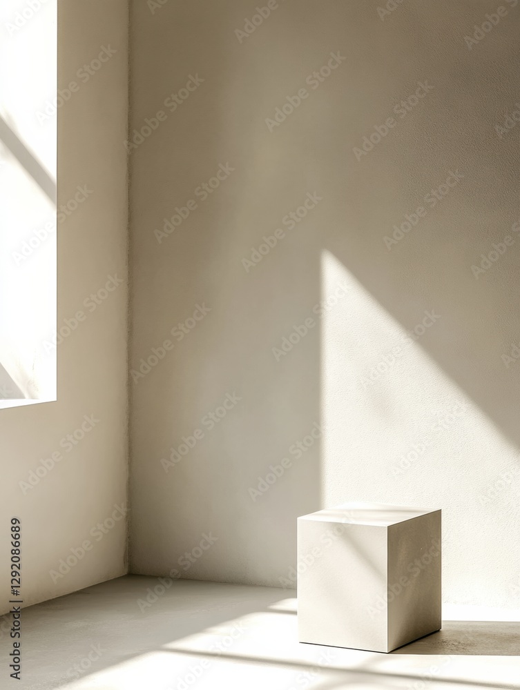 Aufkleber Cubical object in a minimalist room with soft natural light creating calming shadows on the wall. Generative AI