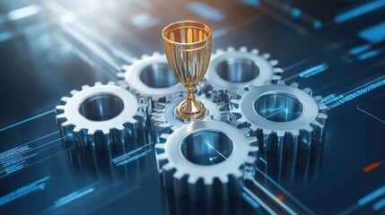 Celebrating success industrial setting digital triumph technology hub upward perspective achievement in innovation