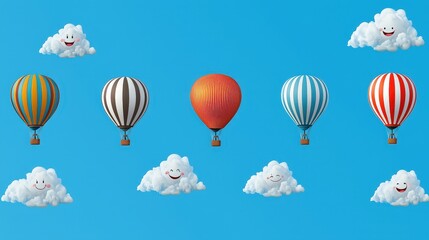Obraz premium Colorful Hot Air Balloons Floating in a Blue Sky with Happy Clouds
