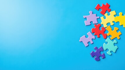 Colorful puzzle pieces scattered on a bright blue background creating a playful and inviting atmosphere for creativity and fun