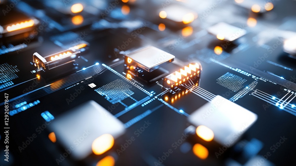 Poster advanced microchip technology high-tech lab digital circuitry futuristic environment close-up view i