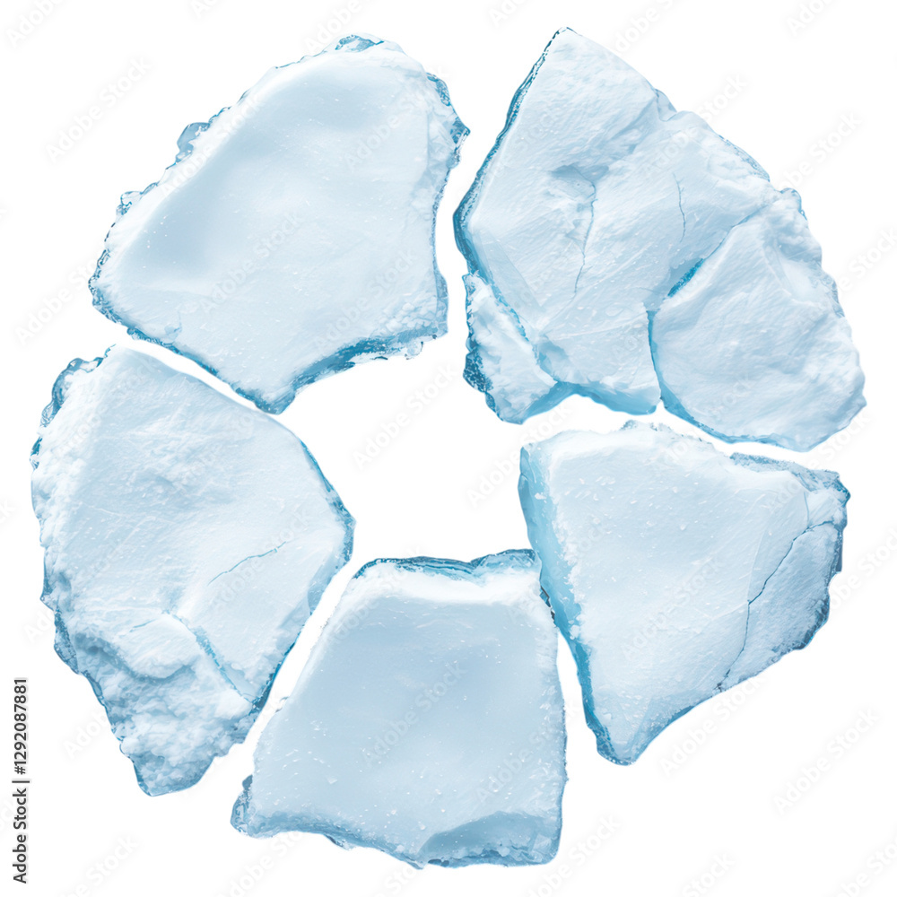 Poster ice pieces arranged circular pattern, showcasing their texture, isolated on a transparency backgroun