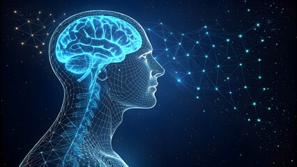 Obraz premium A digital illustration of a person's profile, viewed from the side, with a glowing blue outline and a brain-like structure in the center of the head. 