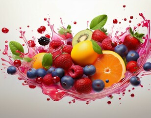 mix berries smooth fruit with liquid plashing of tropical fruits isolated on white background in 3d illustrations