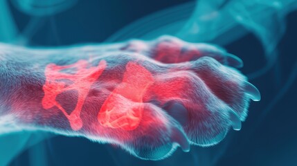 Detailed view of an animal paw with highlighted bones and soft tissue in a scientific context