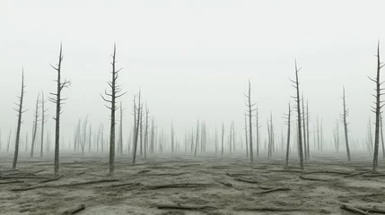 Gordijnen Foggy, barren landscape  dead trees, fallen logs. © Suroart