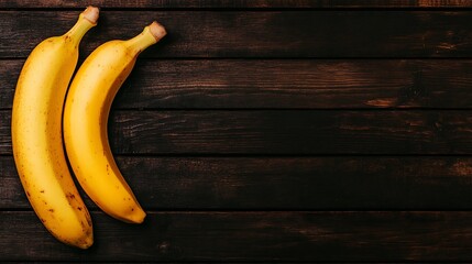 Two ripe bananas on a rustic wooden table. Empty right, copy space. Food ad, background