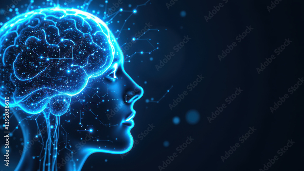 Poster blue glowing representation of artificial general intelligence, a human-like figure with highlighted