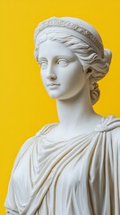 Marble Statue of Greek Goddess, Yellow Background, Elegant Art