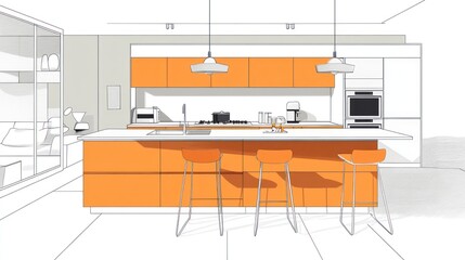 Modern orange kitchen island design, open plan living