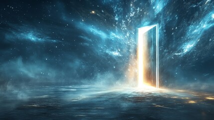 A stunning portal opens to a cosmic realm, radiating vibrant energy and surrounded by celestial clouds.