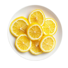 Fototapeta premium Freshly sliced lemon pieces arranged neatly on a white plate against a clean backdrop, Fresh lemon slices in plateisolated on white background