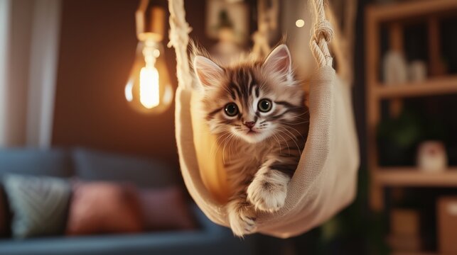 Playful kitten lounging in a cozy hammock under soft lighting in a modern living room setting - Powered by Adobe