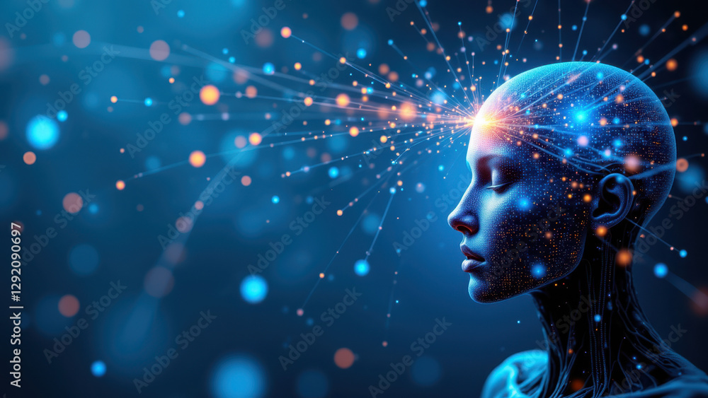 Poster a concept illustration featuring a humanoid robot with a brain-like glowing pattern on its head, sym