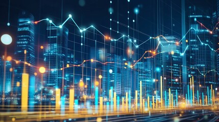 A vivid and vibrant city skyline that showcases digital graphs symbolizing rising data trends and analytics