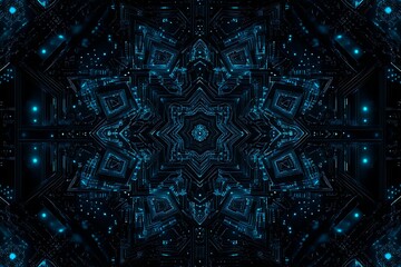 Abstract close-up of a glowing blue digital circuit board, showcasing intricate connections and technological design on a black background.
