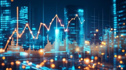 A vivid and vibrant city skyline that showcases digital graphs symbolizing rising data trends and analytics