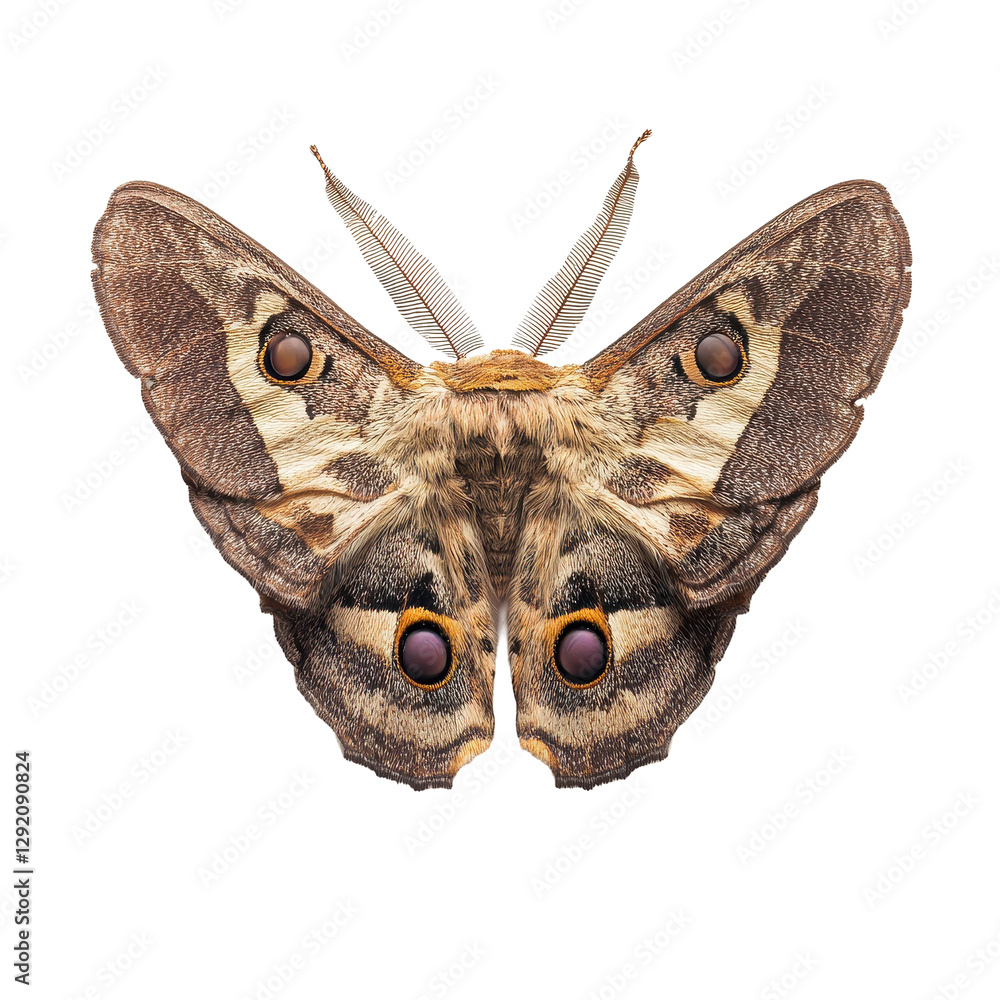 Poster detailed view of a moth showcasing intricate patterns and textures on a pure transparent background,