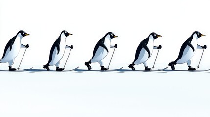Cartoon Penguins Skiing on Snowy Landscape in a Fun Animation Style
