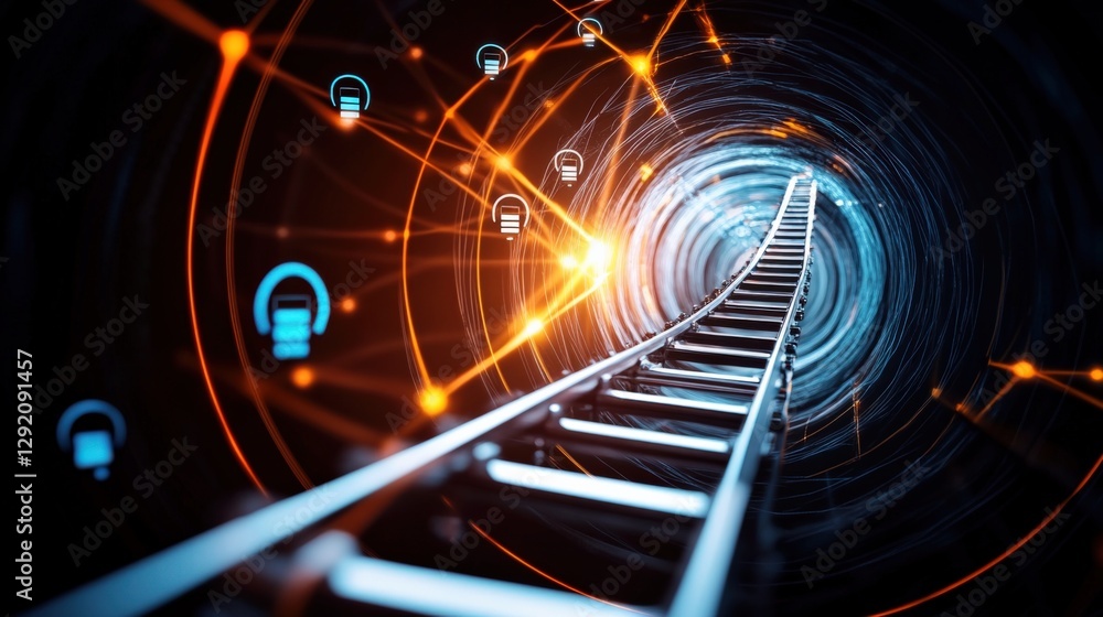 Aufkleber exploring the depths futuristic train tracks in a digital tunnel abstract visualization virtual real