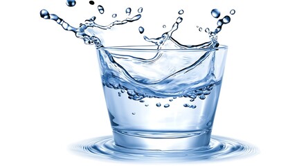 Water splash in glass, clear beverage action, isolated white backdrop, refreshing drink use