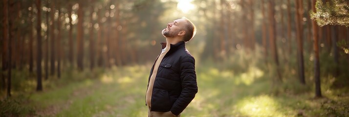 A man is standing in a forest, looking up at the sky. He is wearing a black jacket and a brown shirt. Scene is peaceful and serene, as the man is taking a moment to appreciate the beauty of nature
