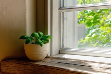 Fresh green basil growing in a terracotta pot on a wooden windowsill with natural light