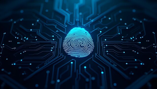 Photograph of a highly detailed, blue and black circuit board with a central fingerprint sensor, surrounded by numerous small white and blue LED lights, glowing softly.