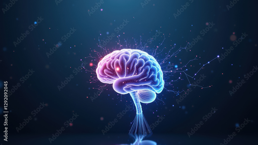Poster brain with digital particles, symbolizing artificial general intelligence.