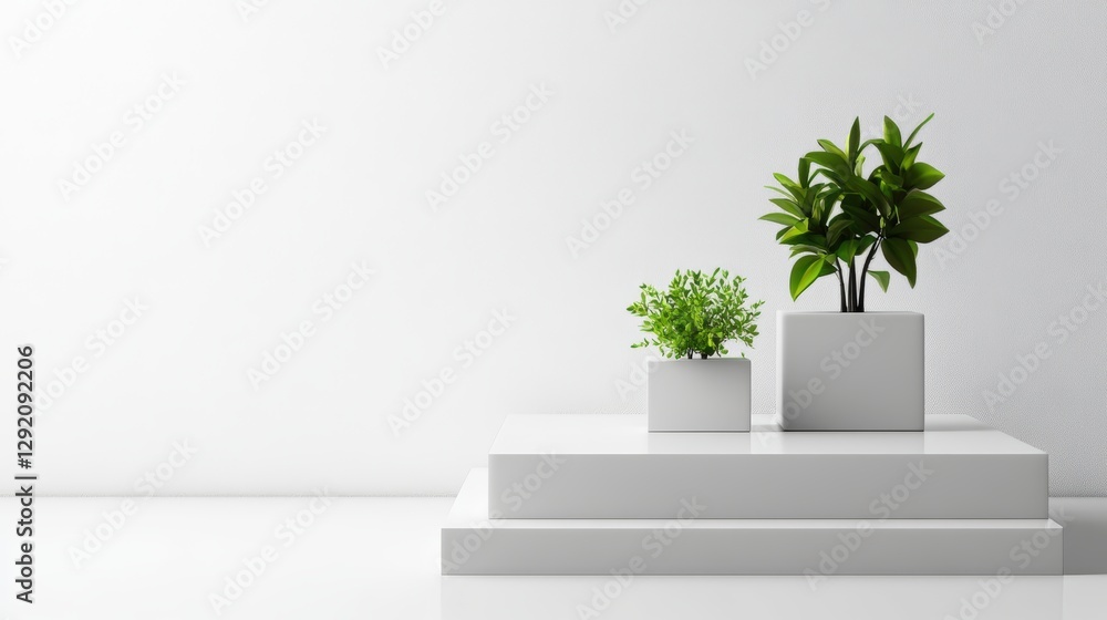 Poster white table with two planters and a photo frame arranged for a decorative display in a bright settin