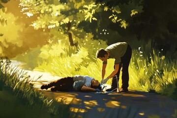 A man lies injured on a sunlit path, another attends to him, offering aid in a serene natural setting.